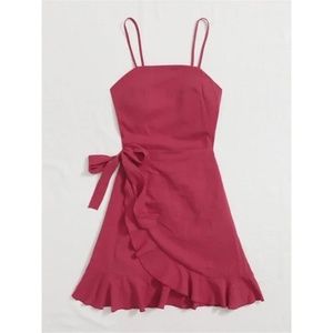 Red Tied Open Back Ruffle Trim Wrap Front Cami Dress L